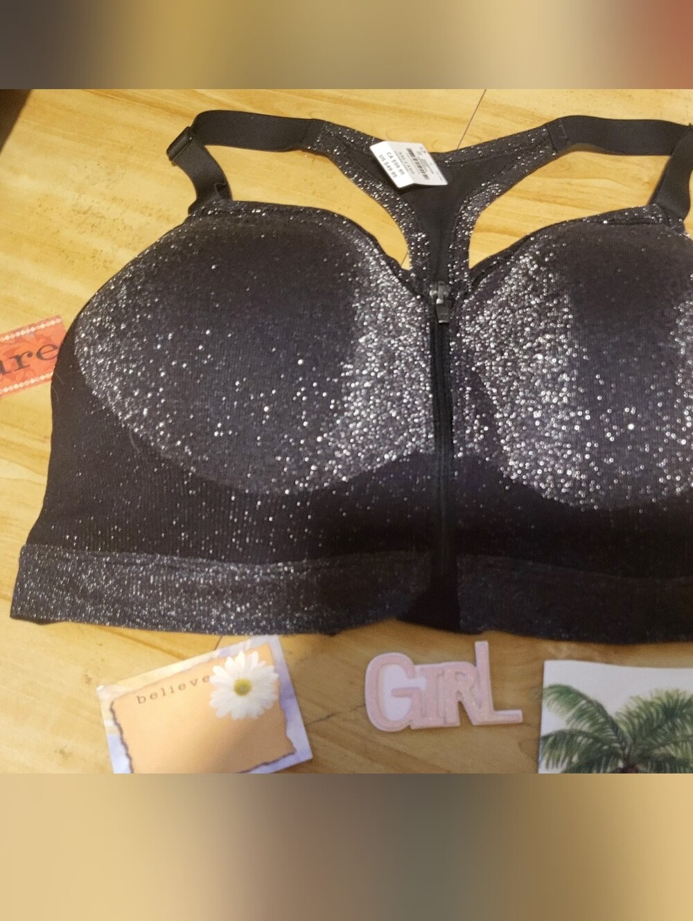 PINK  Black Glitter Zip-Front Sports Bra NWT!